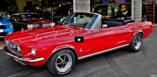 convertible 1967 mustang in candy apple red