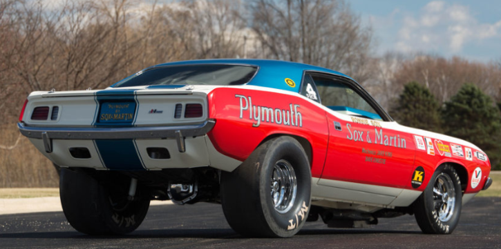 restored 1971 plymouth hemi cuda sox & martin team car