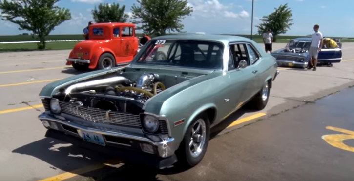 turbocharged 1970 chevy nova drag racing at king of the corn