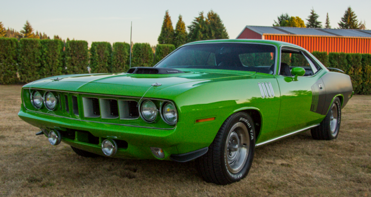 sassy grass green 1971 plymouth cuda 440 six barrel