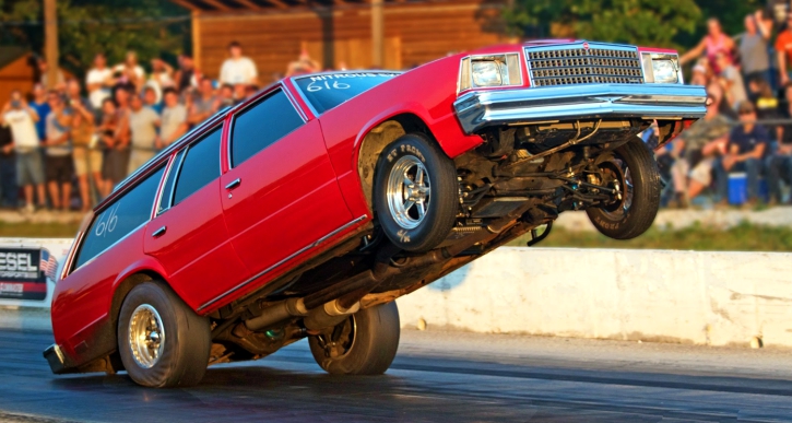 red chevy wheelie wagon drag racing